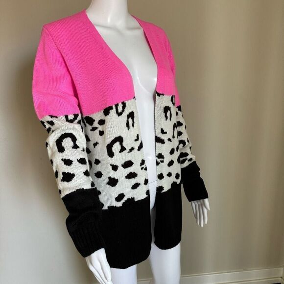 Color Block Pink Animal Print Open Front Cardigan - Picture 2 of 4